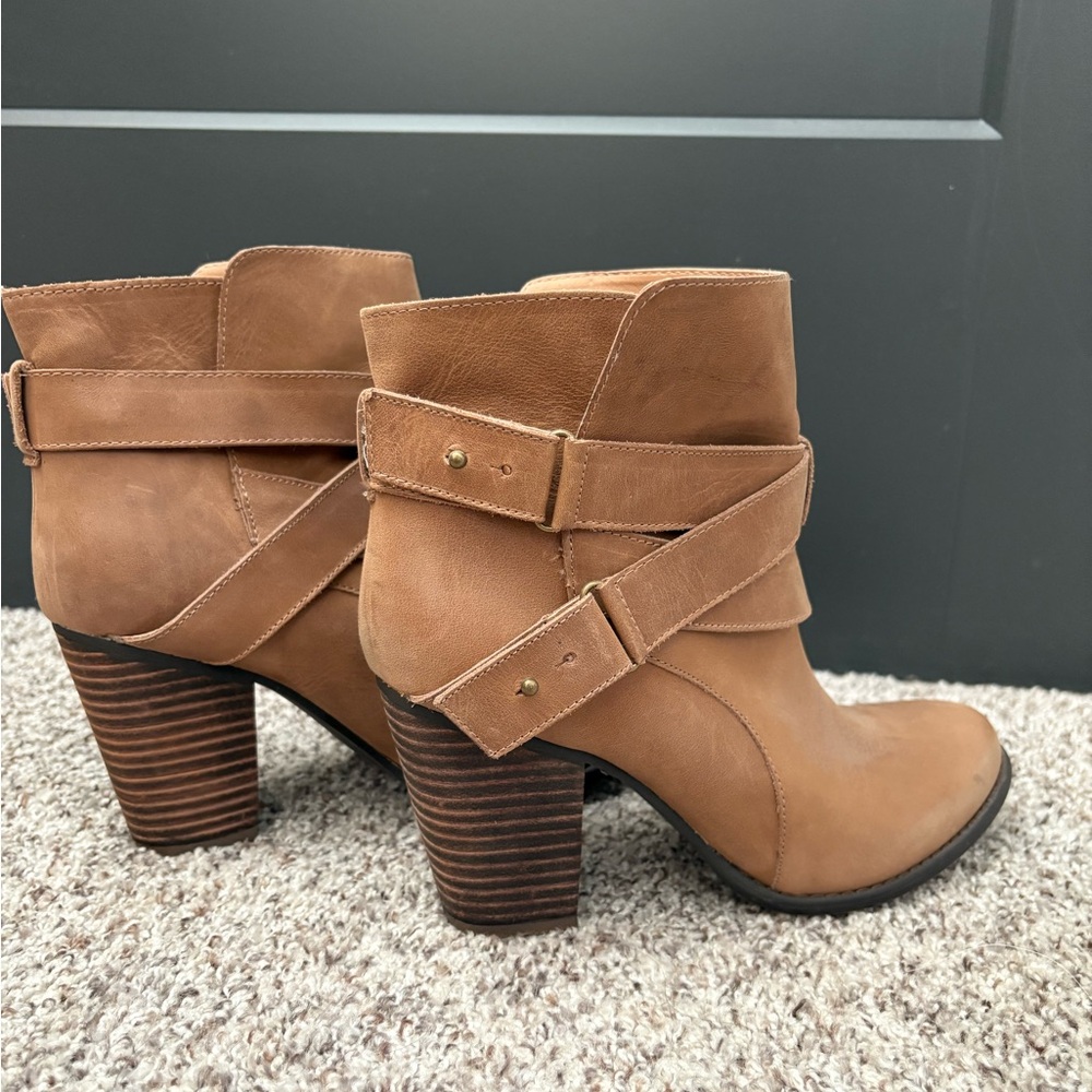 Joyfolie Tan Leather Ankle Booties with Stacked Heel